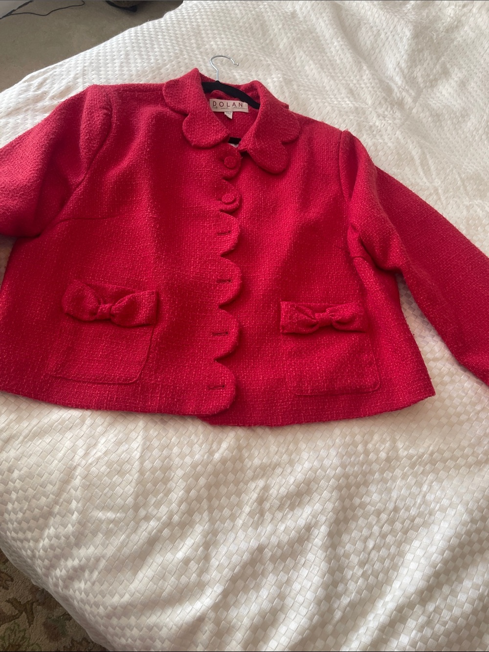 Boucle Bright Red Scallop-Trim Women’s Jacket with Bow Pockets